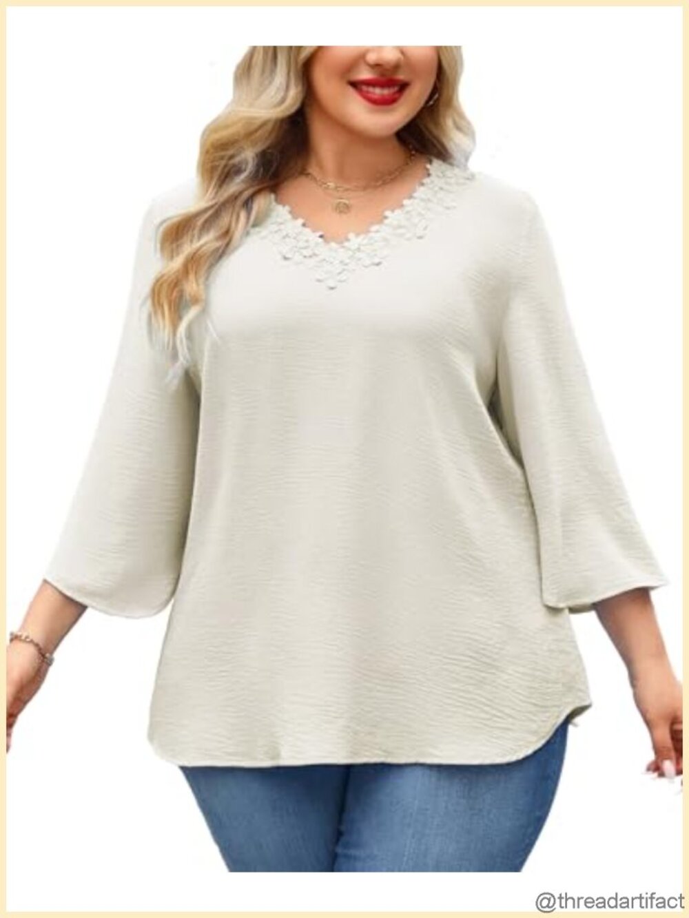 Plus Size 3/4 Sleeve V Neck Floral Trim Tunic Blouse 100% Polyester